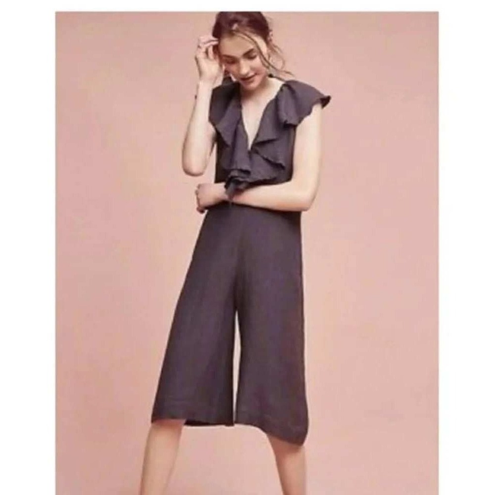 Maria Stanley Ruffle Neck Scalloped Jumpsuit Dark Gray‎ Cotton Linen Small